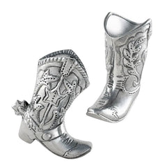 A pair of metallic silver cowboy boots with embossed western-style stitching and decorative details, shown on a plain white background.