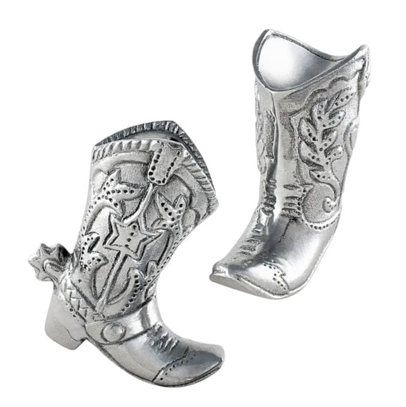 A pair of metallic silver cowboy boots with embossed western-style stitching and decorative details, shown on a plain white background.