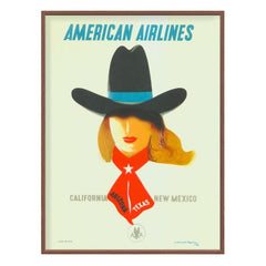 A framed vintage-style American Airlines poster featuring a woman in a black cowboy hat with a blue band and a red scarf, on a cream background with a brown frame.