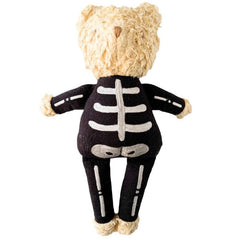 A plush teddy bear viewed from the back, wearing a black skeleton costume with white embroidered bones, on a plain white background.