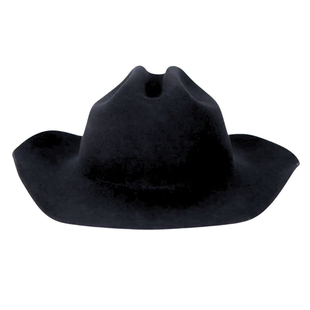 A black felt cowboy hat with a wide brim and a unique double-pinecone crown, shown against a plain white background.