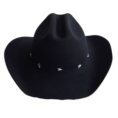 A black felt cowboy hat with small silver star embellishments on the band, shown against a plain white background.