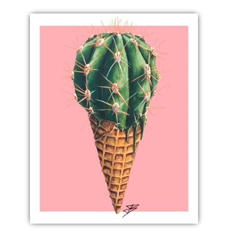 a surreal desert food art print by merging the crisp form of an ice cream cone with the striking silhouette of a cactus.