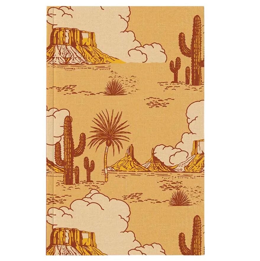 A notebook or journal with a desert landscape pattern, featuring cacti, mesas, and clouds in brown and ochre yellow on a warm beige background.