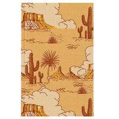 A notebook or journal with a desert landscape pattern, featuring cacti, mesas, and clouds in brown and ochre yellow on a warm beige background.