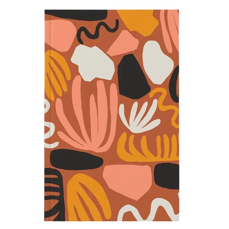 A notebook with a retro abstract cacti featuring  in terracotta, peach, mustard yellow, black, and cream on a white background.