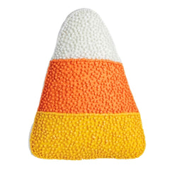 A candy corn-shaped decorative item with textured horizontal stripes of white, orange, and yellow on a plain white background.