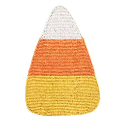 A handmade beaded candy corn trivet featuring three horizontal stripes of white, orange, and yellow textured beads on a plain white background.