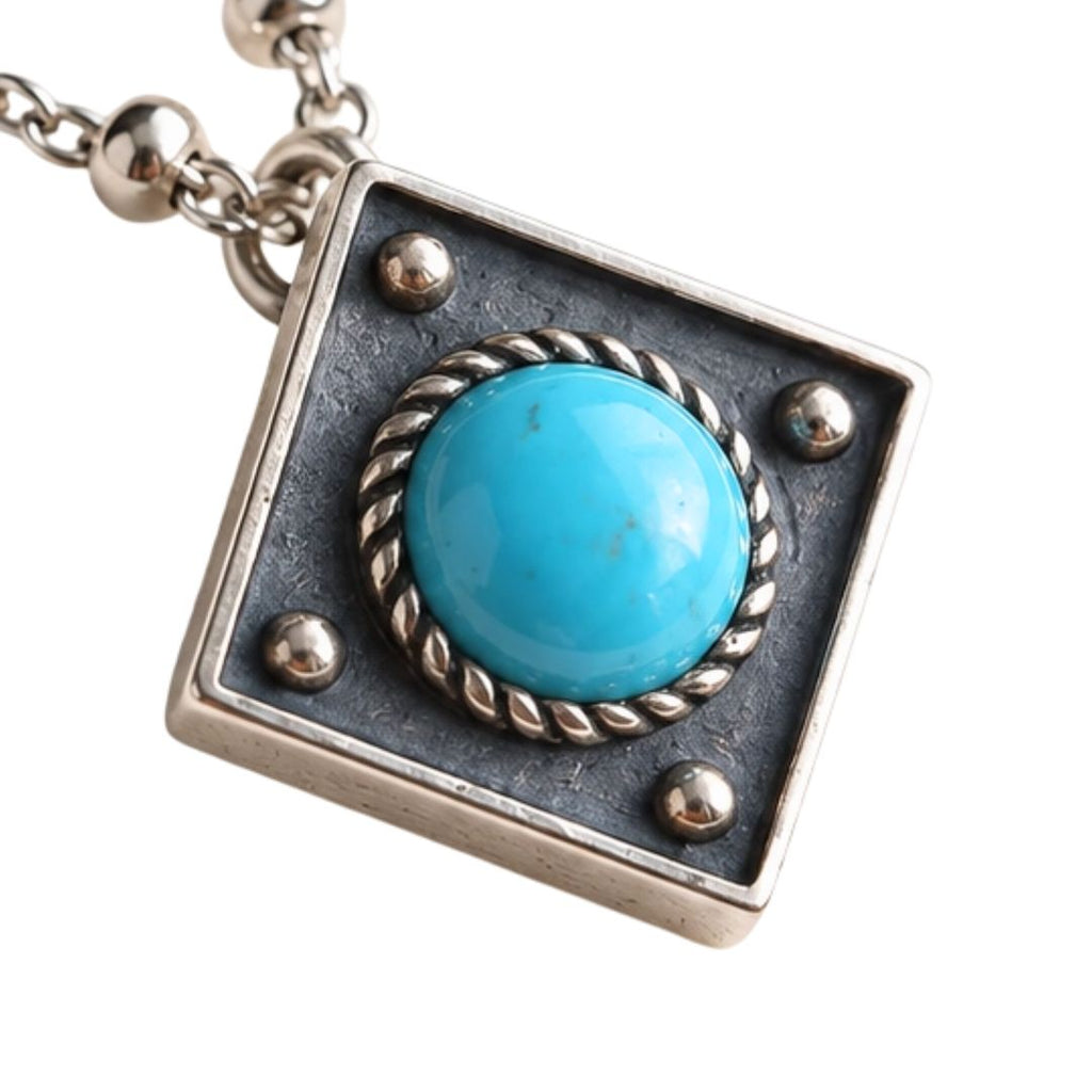 A square silver pendant necklace featuring a central round turquoise cabochon stone surrounded by a twisted rope border, with four small silver rivets on a dark textured background, shown on a white background.