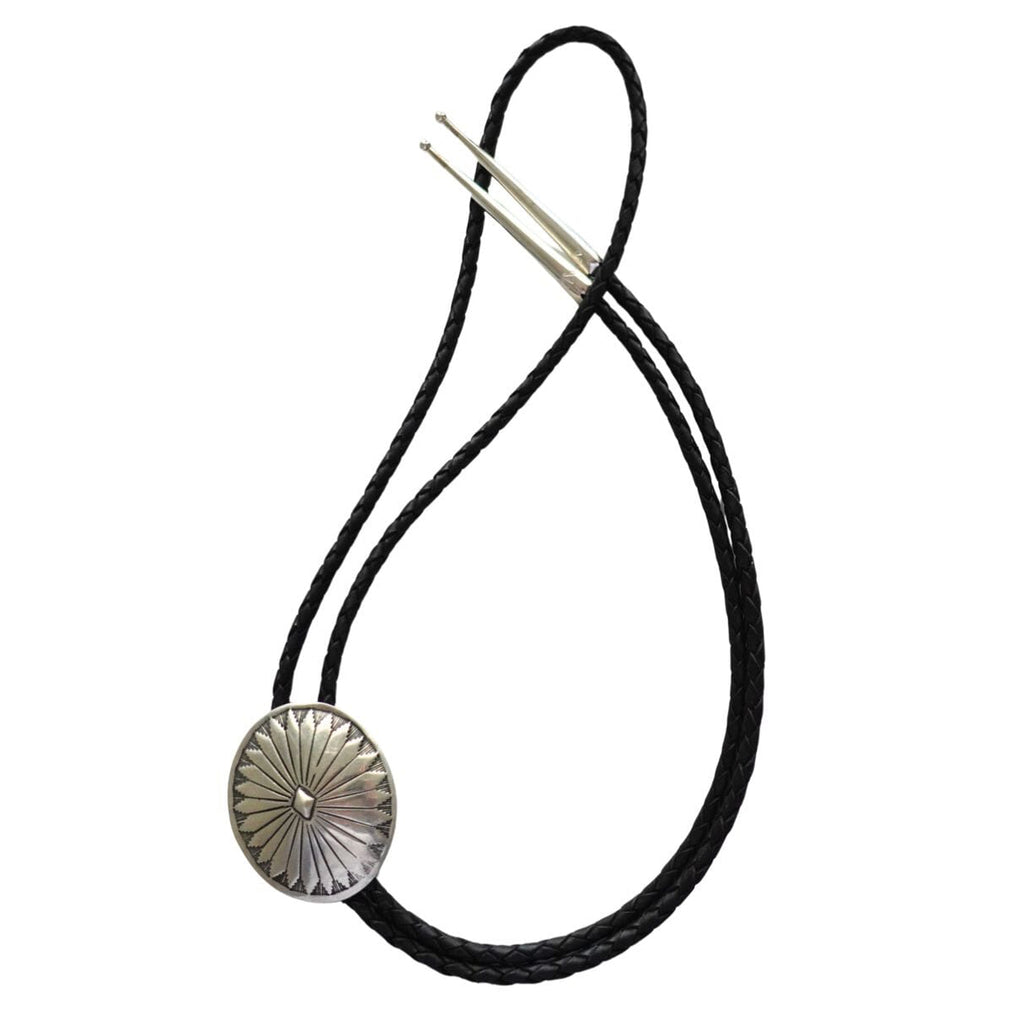 Handcrafted sterling silver concho bolo tie with black leather cord and silver tips