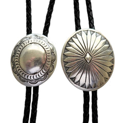 Handcrafted sterling silver concho bolo tie with black leather cord and silver tips