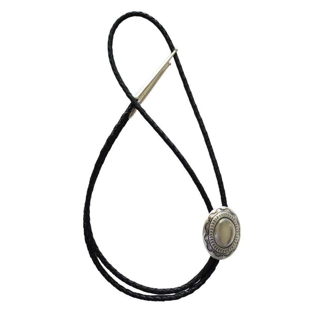 Handcrafted sterling silver concho bolo tie with black leather cord and silver tips