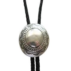 Handcrafted sterling silver concho bolo tie with black leather cord and silver tips