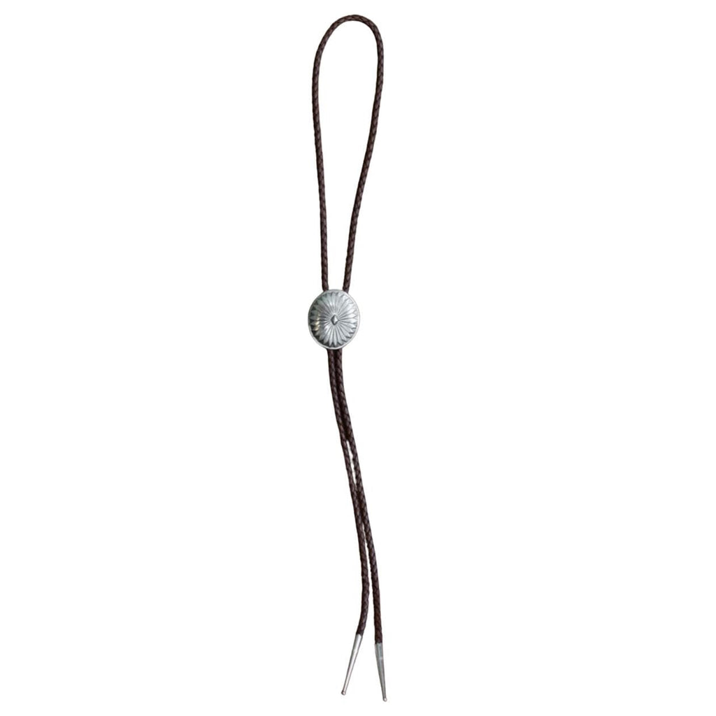 Handcrafted sterling silver concho bolo tie with black leather cord and silver tips