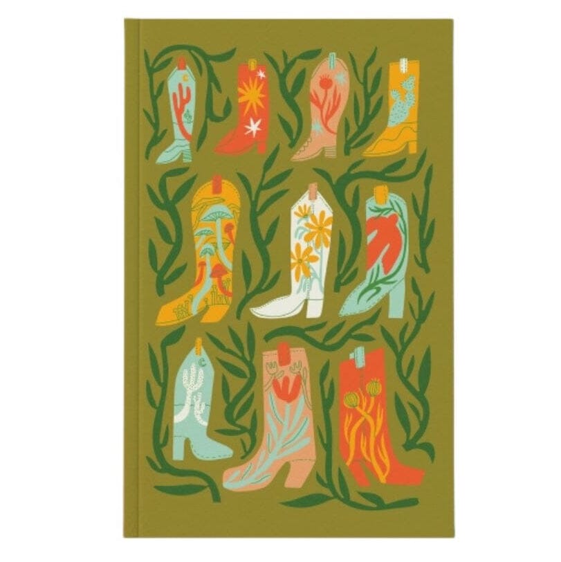 A notebook or journal with a solid olive green cover, decorated with a retro-style illustration of nine cowboy boots in various colors (red, orange, yellow, white, light blue, pink) surrounded by green leaves.