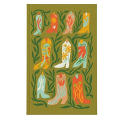 A notebook or journal with a solid olive green cover, decorated with a retro-style illustration of nine cowboy boots in various colors (red, orange, yellow, white, light blue, pink) surrounded by green leaves.