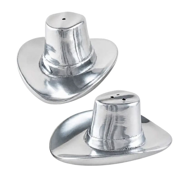 Two silver metal salt and pepper shakers shaped like cowboy hats, shown on a plain white background.