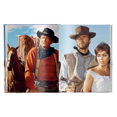 An open book  spread showing two western-themed printed photographs side by side. The left photo depicts a cowboy with a horse in a desert landscape, and the right photo shows a cowboy and a woman in western clothing against a blue sky.