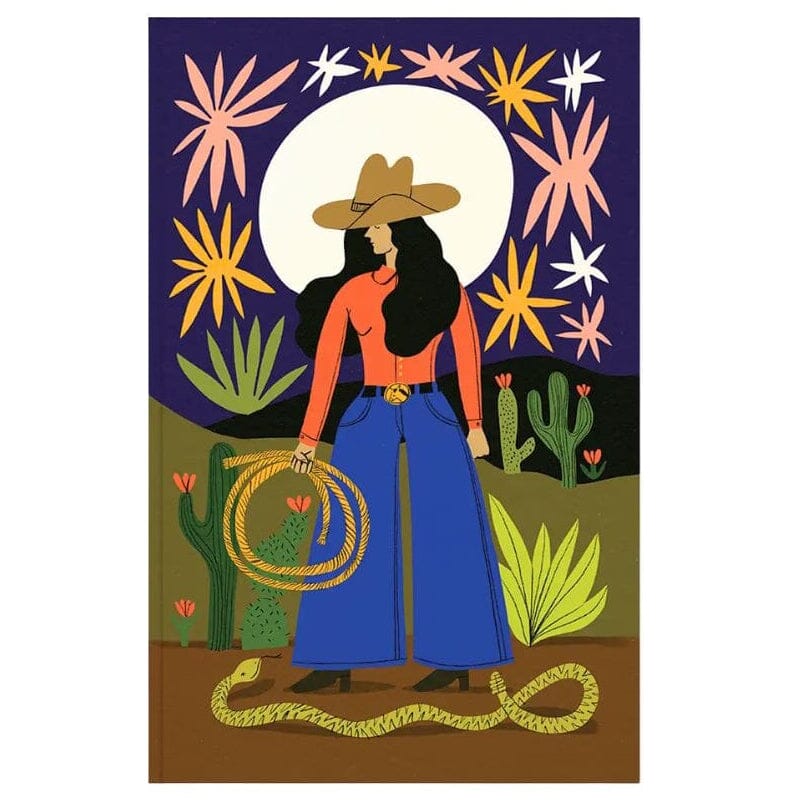 A stylized western art print featuring a woman in a cowboy hat and wide-leg blue pants holding a lasso, set against a desert landscape with cacti, a snake, and a large white moon on a dark purple sky.