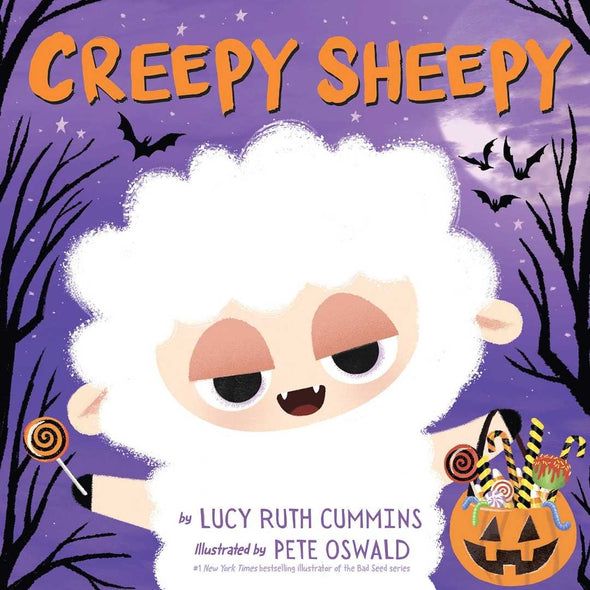 Children's book cover for 'Creepy Sheepy' by Lucy Ruth Cummins, illustrated by Pete Oswald. The cover features a cartoon sheep with shaggy white wool and a mischievous expression, holding a jack-o'-lantern filled with candy against a purple Halloween night background with bats and bare trees.