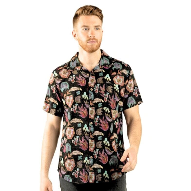 Mens Southwestern Short Sleeve Black Shirt with Desert Cacti Motif