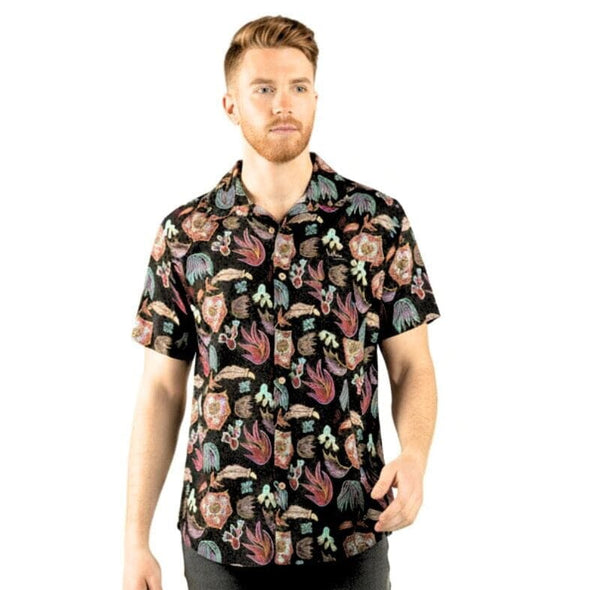 Mens Southwestern Short Sleeve Black Shirt with Desert Cacti Motif