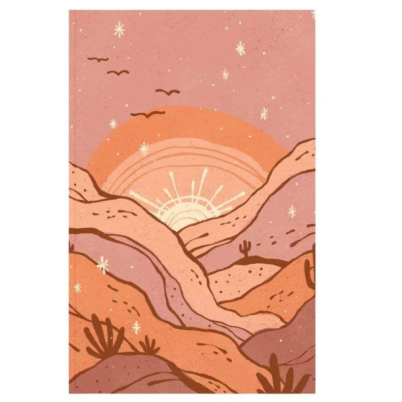 A vertical art print featuring a stylized desert landscape with rolling hills, cacti, birds, and stars under a warm pink and orange sky with a setting sun.