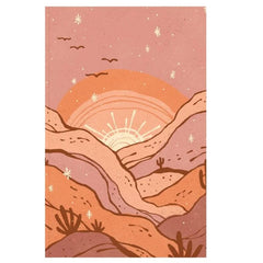 A vertical art print featuring a stylized desert landscape with rolling hills, cacti, birds, and stars under a warm pink and orange sky with a setting sun.