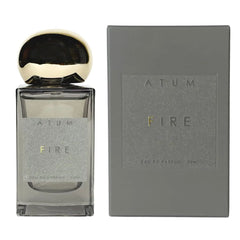 A 30ml bottle of FIRE Eau de Parfume fragrance next to its grey packaging box, featuring a reflective dark cap and a textured grey label with gold lettering.