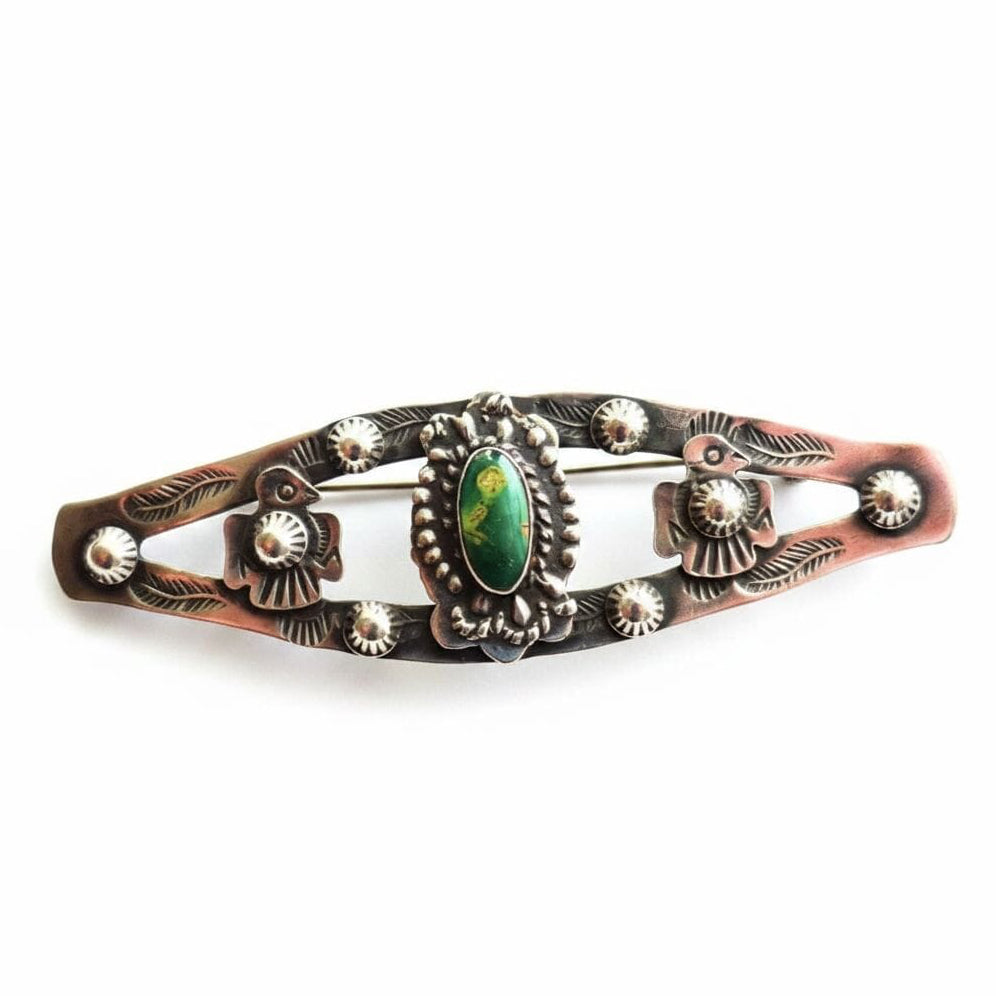 Fred Harvey Double Thunderbird Pin with Green Turquoise Stone at center