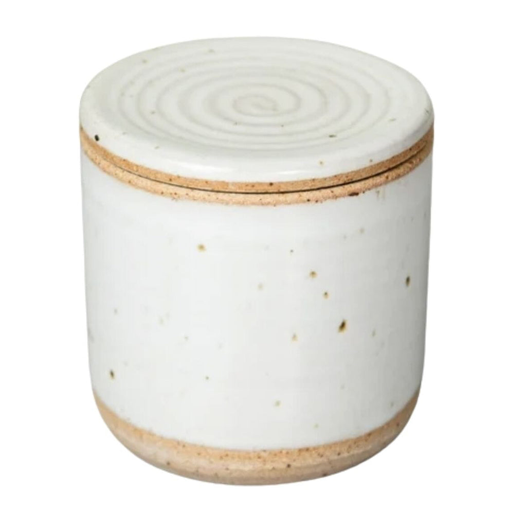 A small cylindrical ceramic Butter Keeper with a matching lid, featuring a glossy white glaze with subtle speckles and two natural clay bands near the top and bottom.
