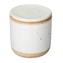 A small cylindrical ceramic Butter Keeper with a matching lid, featuring a glossy white glaze with subtle speckles and two natural clay bands near the top and bottom.