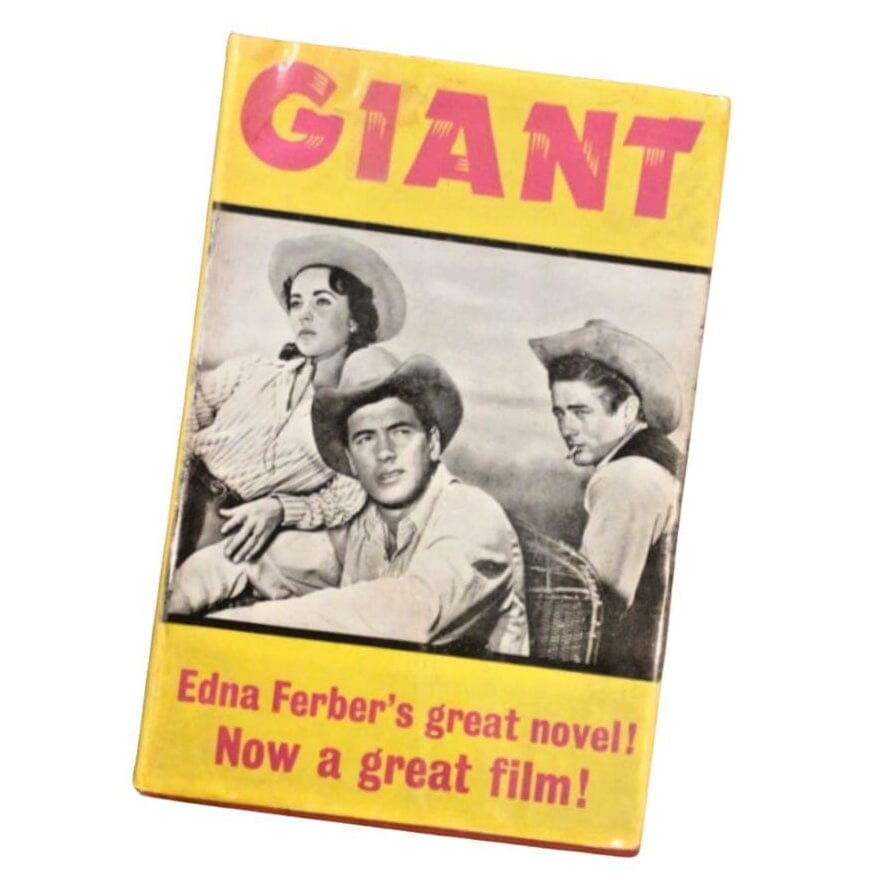 Vintage hardcover book  for 'Giant' by Edna Ferber, featuring a yellow background with bold red title text and a black-and-white film still of three actors, shown on a plain white background.