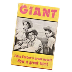 Vintage hardcover book  for 'Giant' by Edna Ferber, featuring a yellow background with bold red title text and a black-and-white film still of three actors, shown on a plain white background.
