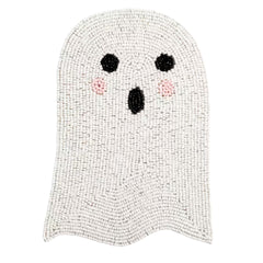A ghost-shaped trivet made of white and light gray textured beads, featuring a simple black face with pink cheeks on a plain white background.