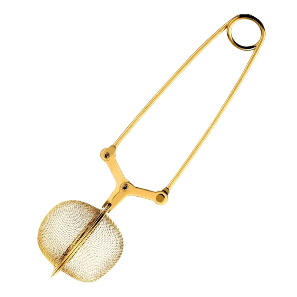 Gold stainless steel tea strainer with fine mesh infusers and loops for hanging.