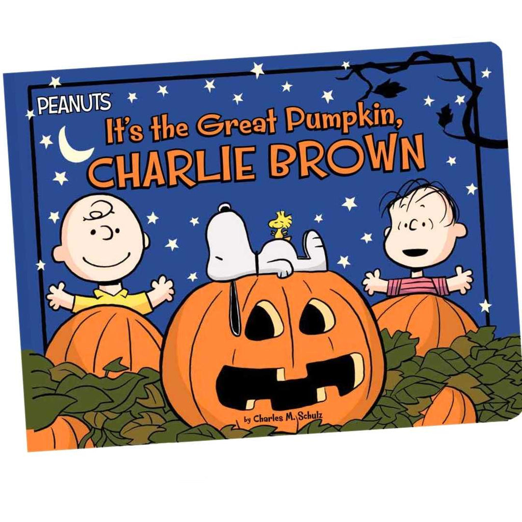 Children's board book cover for 'It's the Great Pumpkin, Charlie Brown' from Peanuts, featuring cartoon characters and pumpkins against a dark blue night sky.