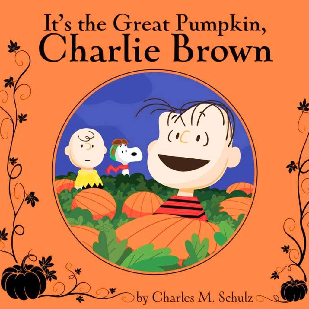 Book cover for 'It's the Great Pumpkin, Charlie Brown' by Charles M. Schulz, featuring an orange background with black decorative vine borders and a central circular illustration of the Peanuts characters in a pumpkin patch.