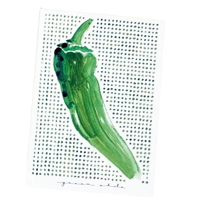 A watercolor painting of a green chili pepper on a white textured background with a grid of small green dots, shown as a square art print with a white border.