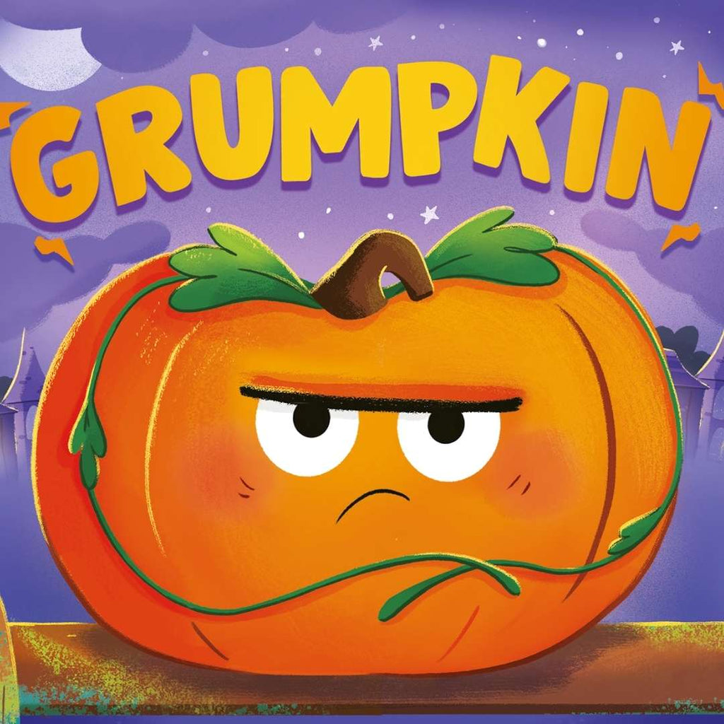 A stylized illustrated pumpkin with an angry face and green vines, under large yellow text reading “GRUMPKIN” on a purple night sky background.