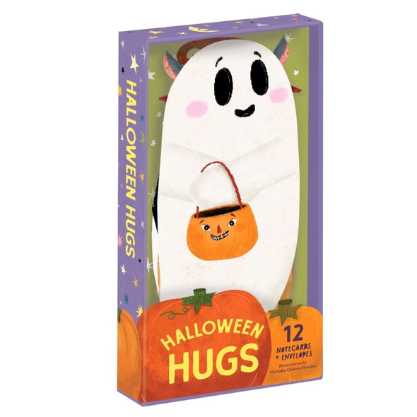 Halloween Hugs product box featuring a cute ghost character holding an orange pumpkin bucket, with pumpkins and stars on a purple package. Text reads 'HALLOWEEN HUGS' and '12 NOTECARDS + ENVELOPES'.