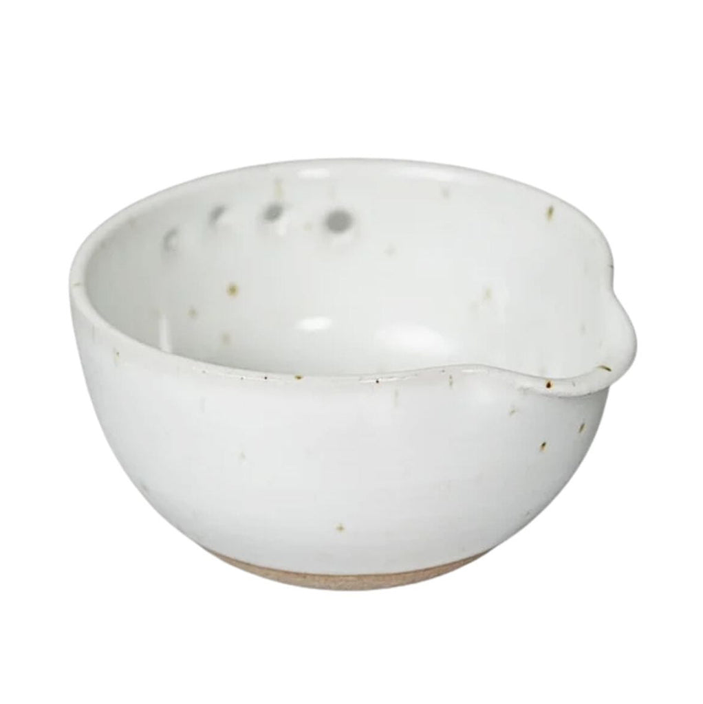 A handmade ceramic Herb Stripper bowl with a small pouring spout, featuring a glossy off-white glaze with subtle speckles and a natural clay base, shown on a plain white background.