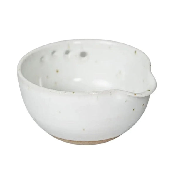 A handmade ceramic Herb Stripper bowl with a small pouring spout, featuring a glossy off-white glaze with subtle speckles and a natural clay base, shown on a plain white background.
