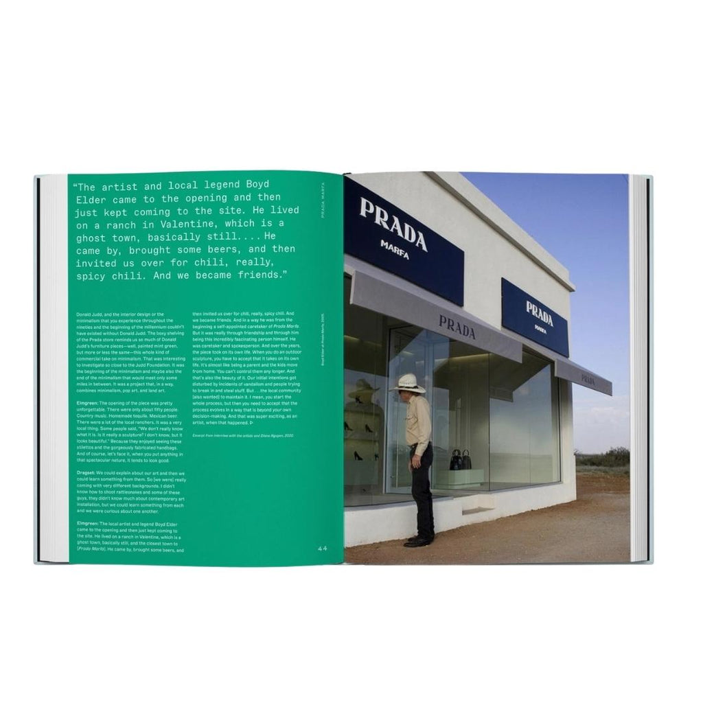 Marfa Ballroom Retrospective Book of 25 Years on white background showing the iconic Prada Marfa in a photo