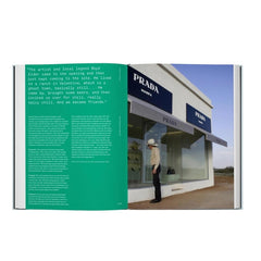 Marfa Ballroom Retrospective Book of 25 Years on white background showing the iconic Prada Marfa in a photo