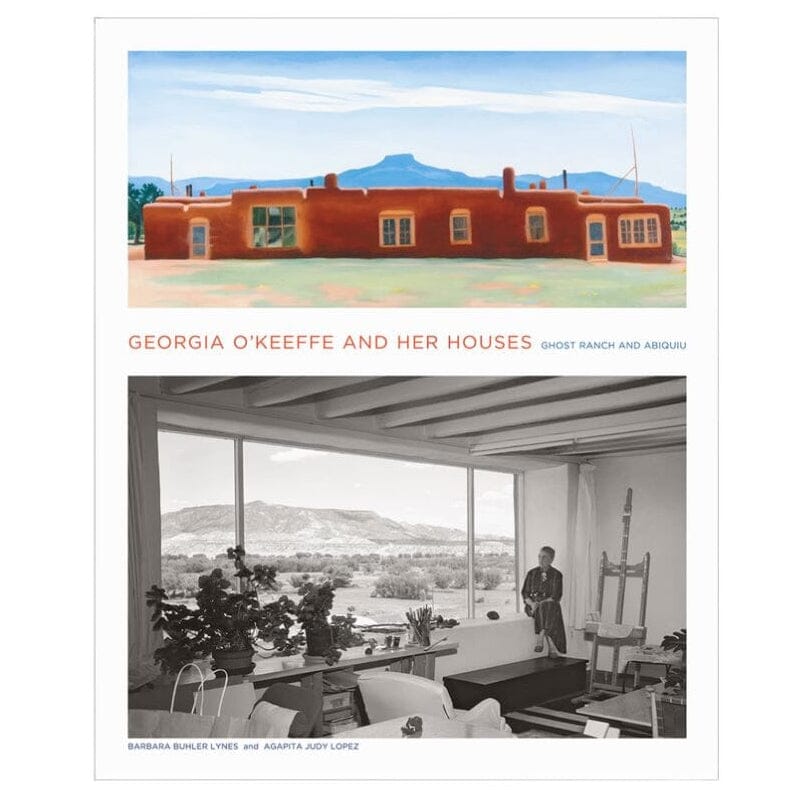 A book cover or art print featuring a watercolor painting of a red adobe house with blue mountains in the background, above a black-and-white interior photograph of a modern room. The title reads 'GEORGIA O'KEEFFE AND HER HOUSES'