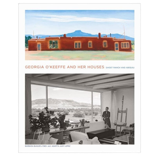 A book cover or art print featuring a watercolor painting of a red adobe house with blue mountains in the background, above a black-and-white interior photograph of a modern room. The title reads 'GEORGIA O'KEEFFE AND HER HOUSES'