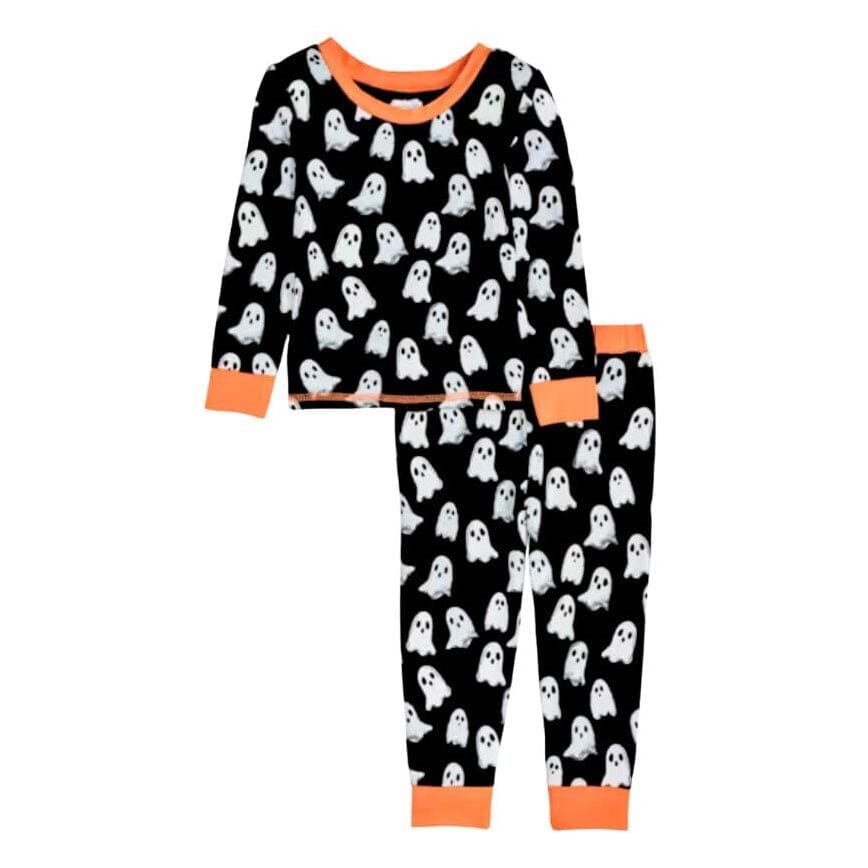A two-piece children's pajama set featuring a black long-sleeve top and matching pants with an all-over white ghost pattern and bright orange trim.