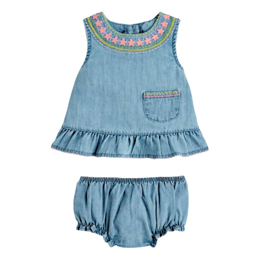 Embroidered Denim Pinafore Dress Set