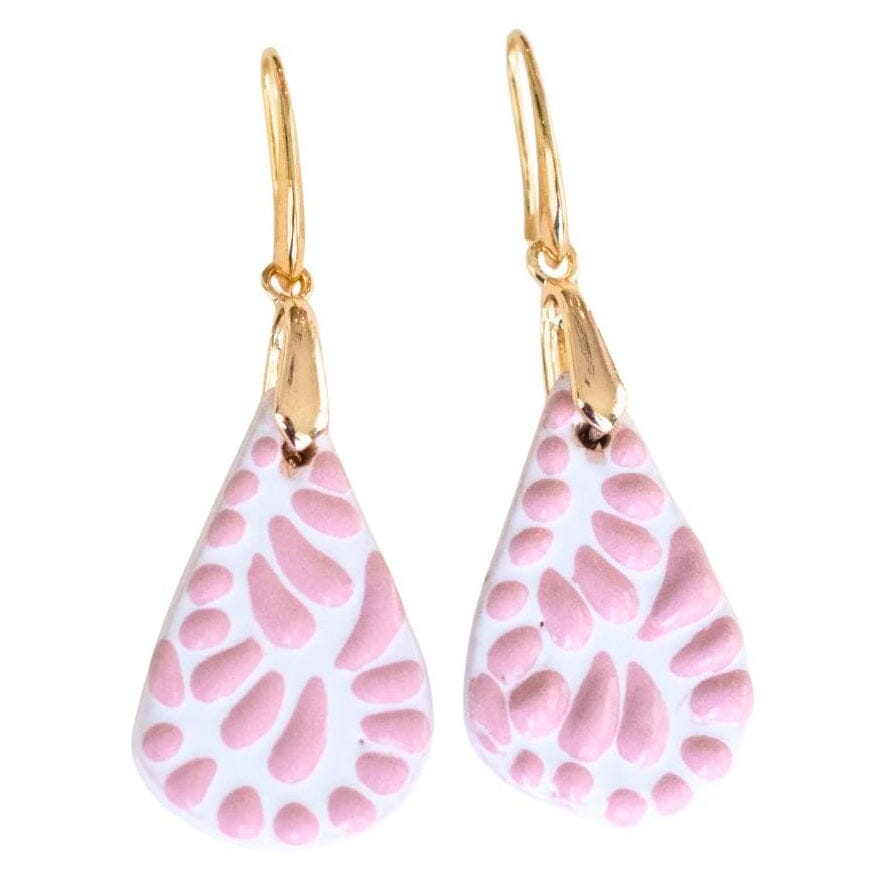 A pair of Pink Talavera ceramic earrings with gold hardware.  Dangle  teardrop-shaped.